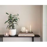 Hylle med lysestaker og potte og grønnplante