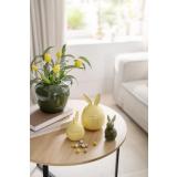 Sofabord pyntet med vase, tulipaner, skåler med lokk og glasskanin