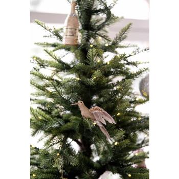 Fugl på klype kolibri gull i juletre nærbilde