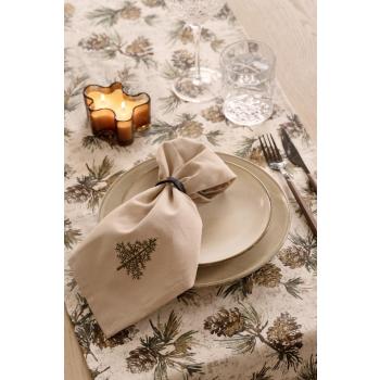 Borddekking med iben servise, bordert serviett, løper kongle, glass francine og duftlys pepperkakemann som pynt