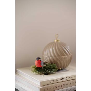 Dompap på klype på gren ved siden av julekule krukke beige