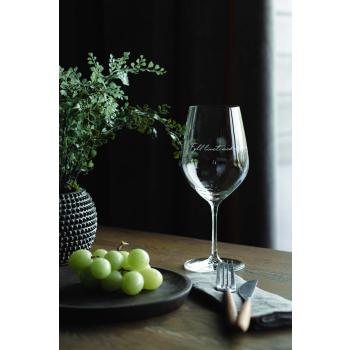 Lykketegning Fyll livet med det som godt er, Rødvinsglass på bord