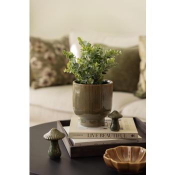 Potte med eucalyptus på sofabord med dekorfigur sopp