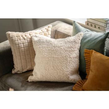 Puteer i sofa i beige, hvit, blå og gul