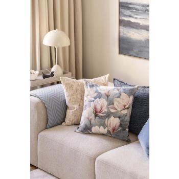 Putetrekk velur blomst i blå i front med putetrekk chenille bak