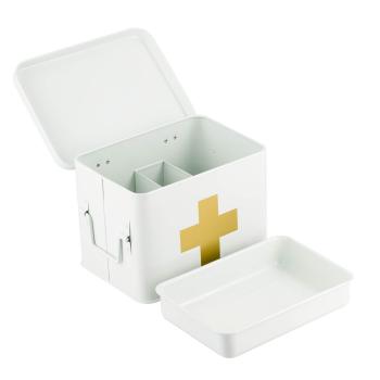 førstehjelpskrin i hvit metall med åpent lokk