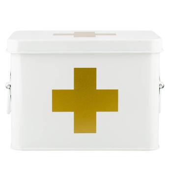 førstehjelpskrin i hvit metall med gullfarget kryss