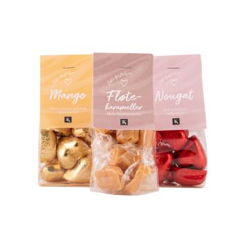 mangohjerter, fløtekarameller og nougathjerter